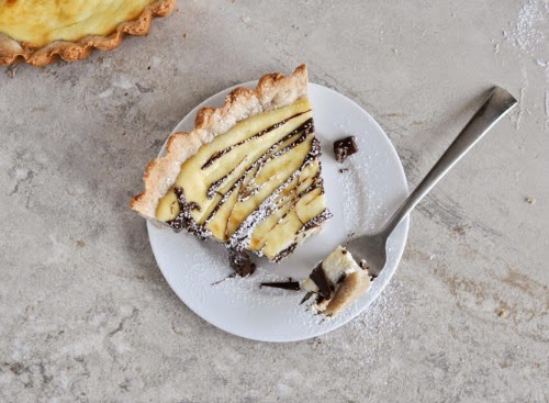 A slice of pie on a white plate with a fork.