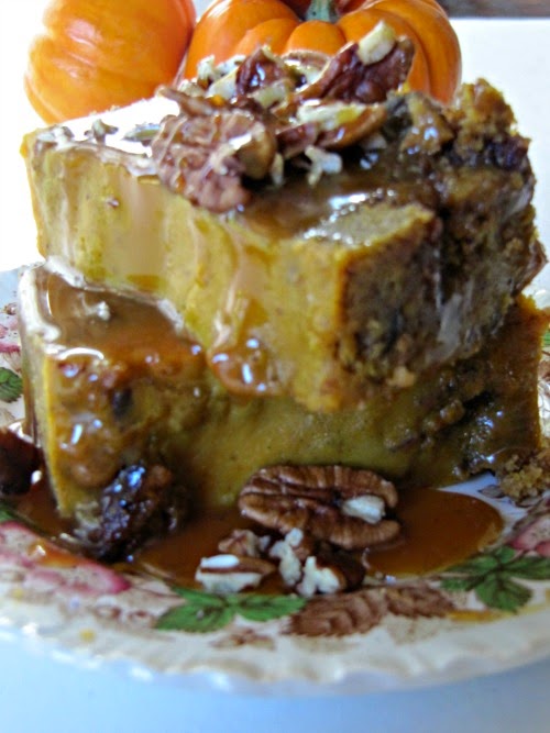 Pumpkin Bread Pudding with Salted Caramel Sauce and Toasted Pecans.