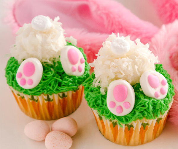 bunny butt cupcakes, pink, white and green with coconut and marshmallows.