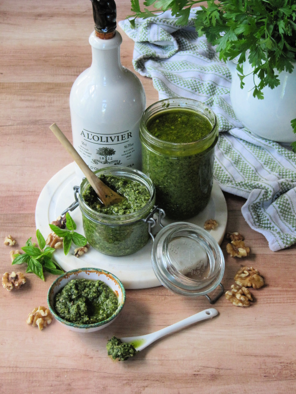 Basil Walnut pesto in jars.