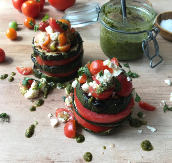 Grilled Zucchini and Tomato Stack Salad with Feta Cheese and Pesto