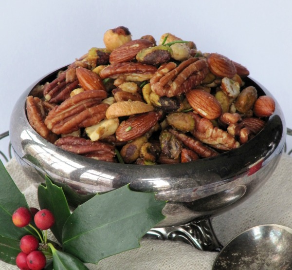 Mixed nuts in silver bowl