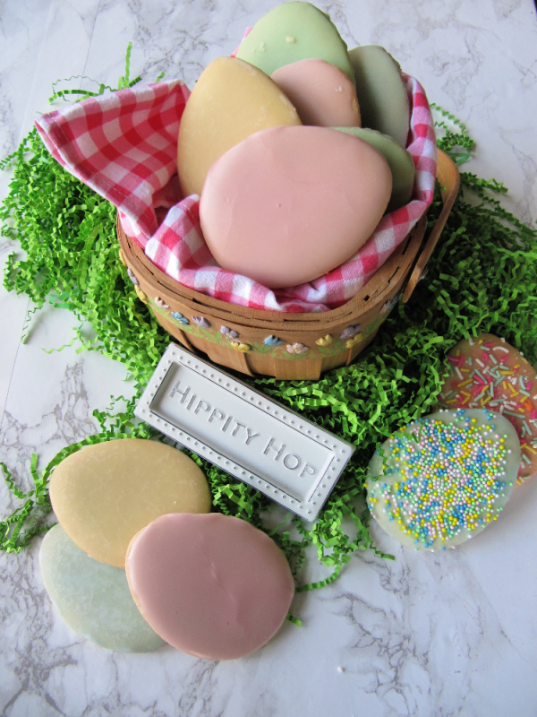 easter basket filled with pastel Easter egg cookies