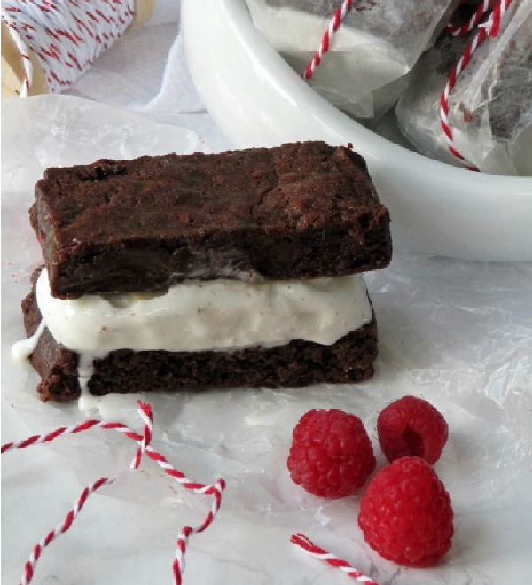 Homemade Brownie Ice Cream Sandwiches with Fresh Raspberries