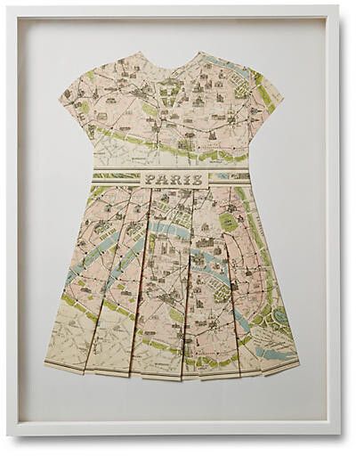 White Frame with a dress made from a map of Paris