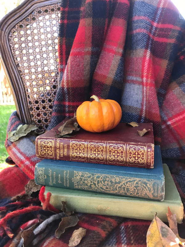 A French caned chair with a burgundy plaid throw draped on the right side. There is a pile of vintage books stacked on the seat of the chair with a small orange pumpkin resting on the top and leaves scattered around.
