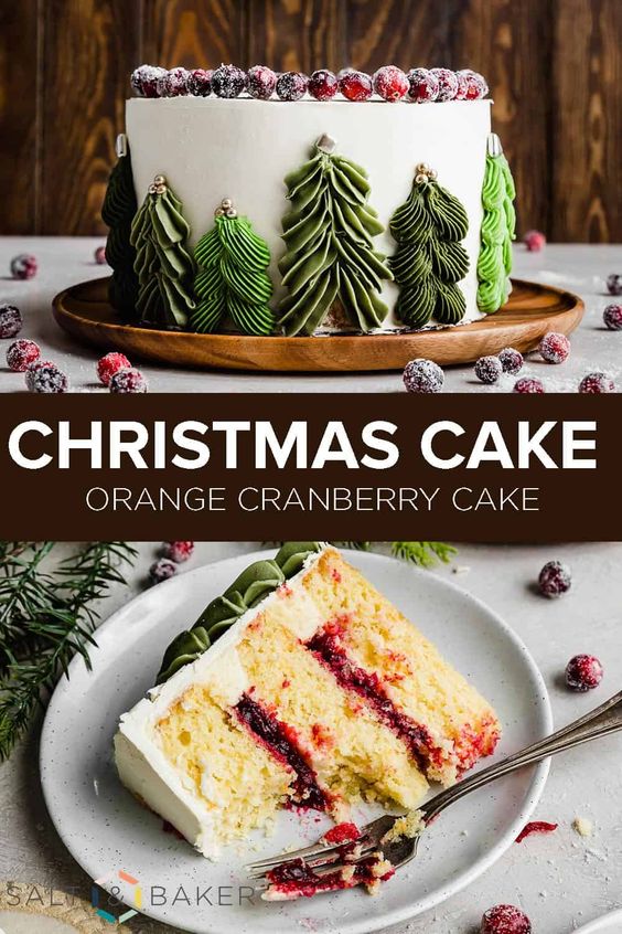 Beautiful white cake filled with cranberry jam frosted in white frosting and decorated in green trees