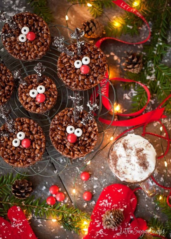 chocolate rice Krispy treats made to look like reindeer