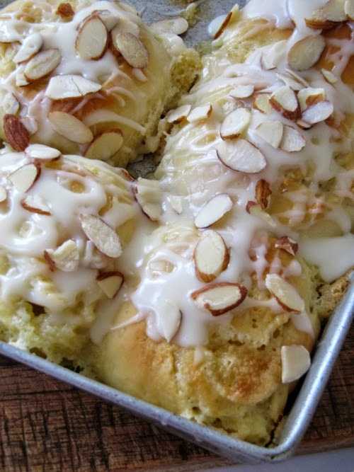 almond sweet rolls in a baking pan