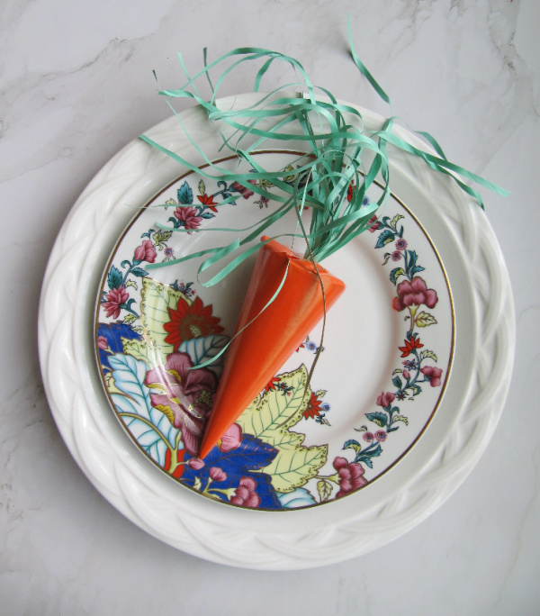 surprise easter carrot on vintage tabacco leaf china plate