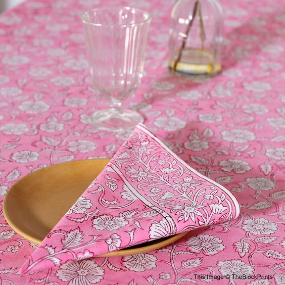 Friday Favorites Pink block print napkins and tablecloth