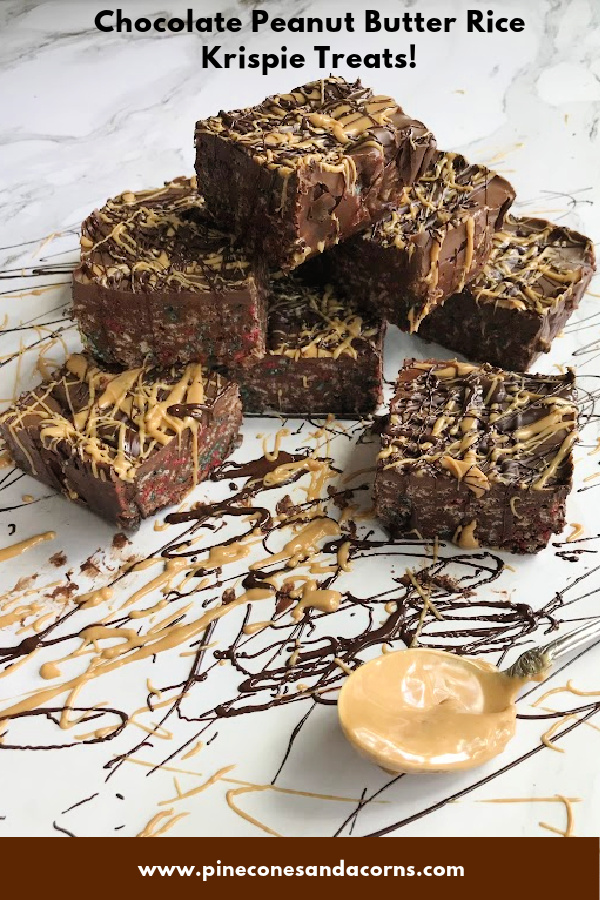 peanut butter chocolate Rice Krispie treats with a drizzle of melted peanut butter. 