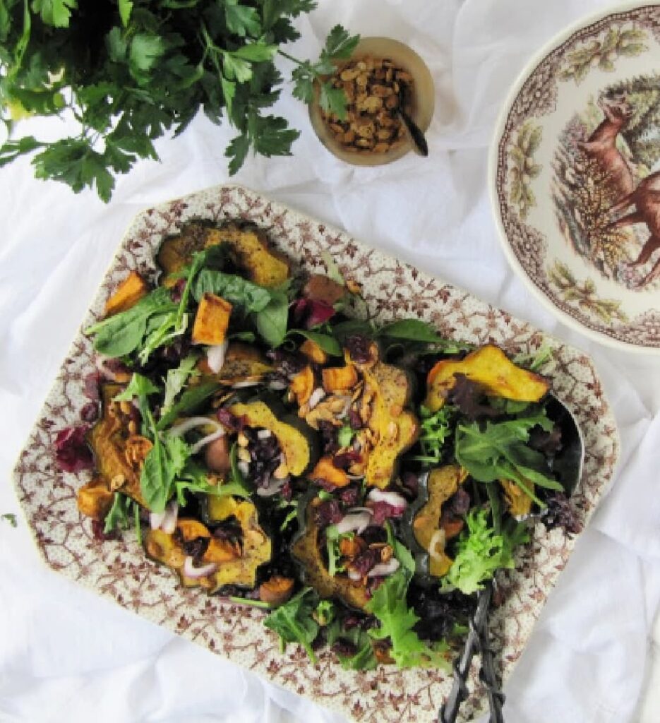 Roasted-acorn-salad-with-cranberries-shallots on brown and white transferware