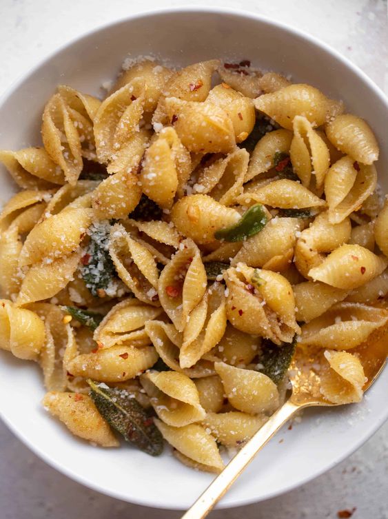 Browned Butter Sage Pasta shaped like shells.
