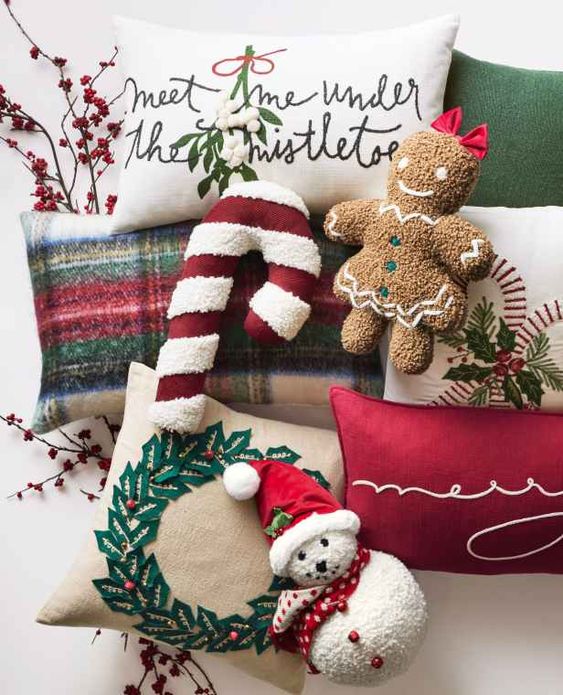 seasonal pillows, candy cane, gingerbread man, snowman.