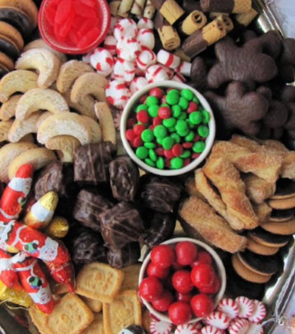Christmas-candy-cookie-board-with bowls of m&m and red gum balls