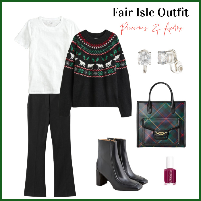 Fair Isle Outfit with sweater boots plaid RL bag earrings black pants white t-shirt and burgundy nail polish. 