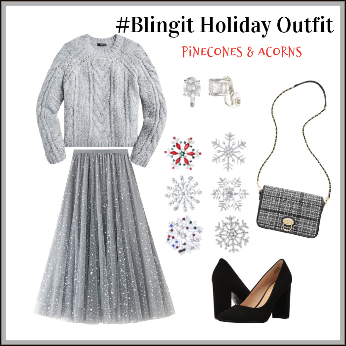 #blingit holiday outfit with a gray skirt sweater snowflake brooches and a gray and black bag and diamond studded earrings. 