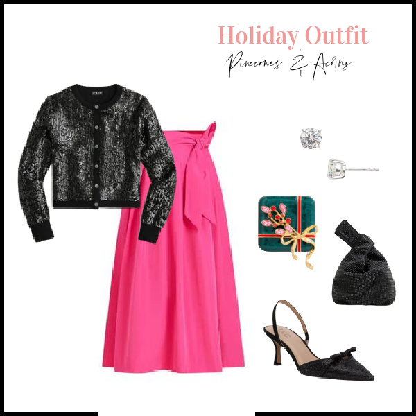 Holiday outfit collage with a pink skirt black sweater black sling back sandals and diamonds stud earrings and a green and pink package brooch. 