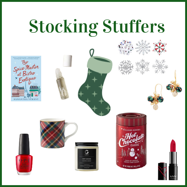 stocking stuffers collage with stocking, lipstick, perfume, mug, hot chocolate, book, earrings, brooches, candle.
