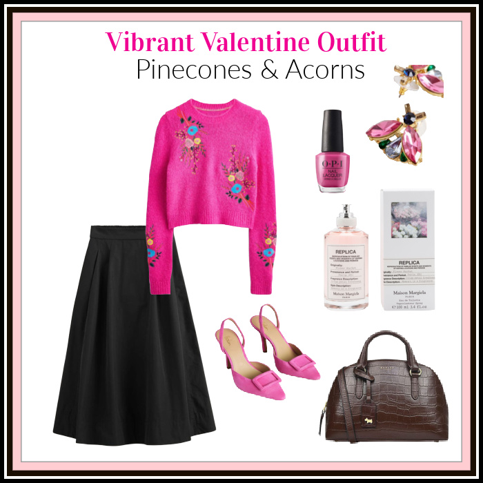 Valentine's Day date outfit with pink sweater, black skirt, earrings and bag.