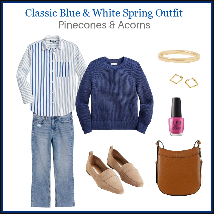 Blue and White Spring outfit collage with striped shirt, sweater, loafers and bag.