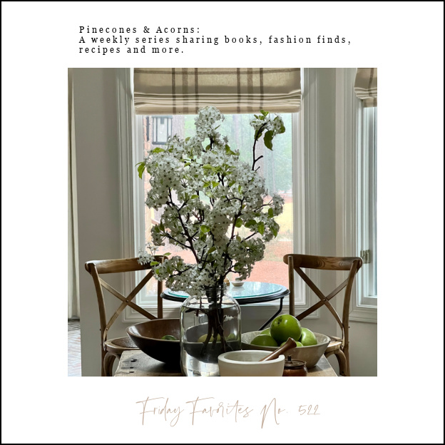 Friday Favorites Pin with vase of spring flowers.