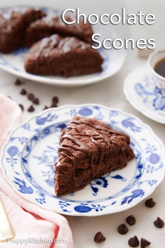 chocolate scones on blue and white vintage plates.