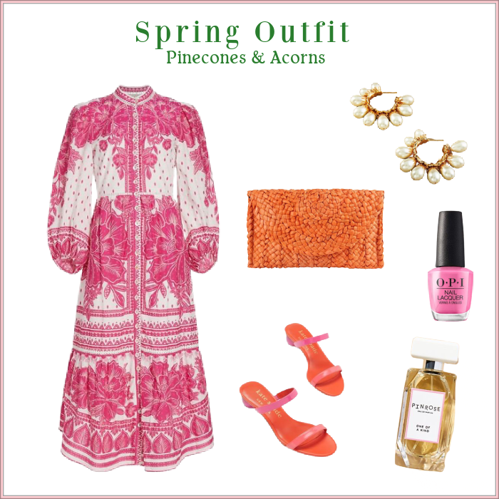Pink and white dress, orange purse, pink nail polish, pearl earrings and orange and pink sandals.