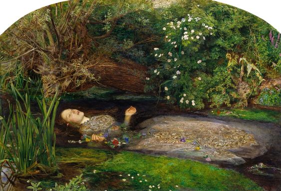 Dante Gabriel Rossetti painting painting Ophelia of a woman floating in a stream of water.