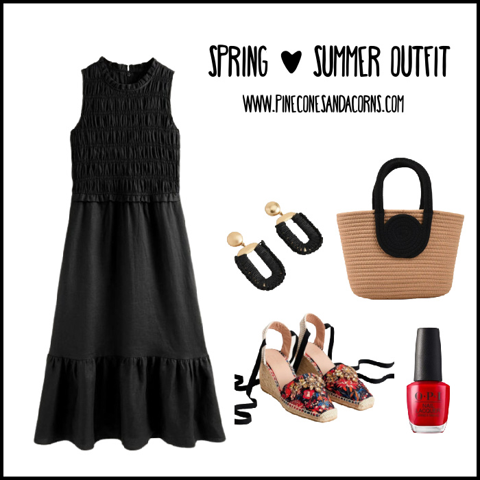 spring summer outfit black dress and flower espadrilles.