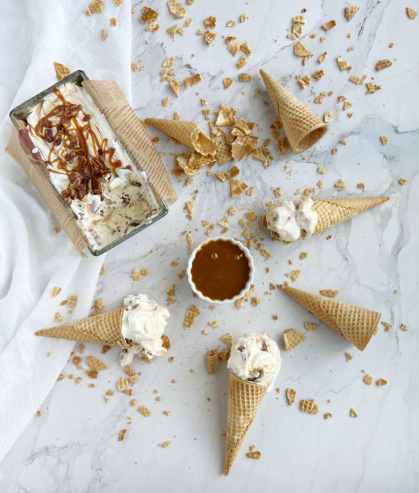 Salted Caramel Candied Pecan No Churn Ice Cream in sugar cones, 10 No-Churn Ice Cream Recipes.