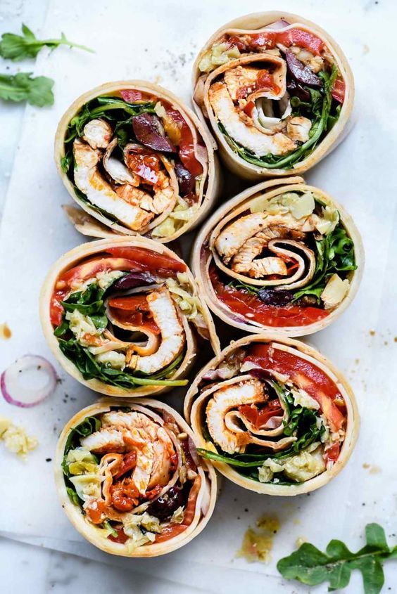 6 Italian chicken wrap sandwiches. 