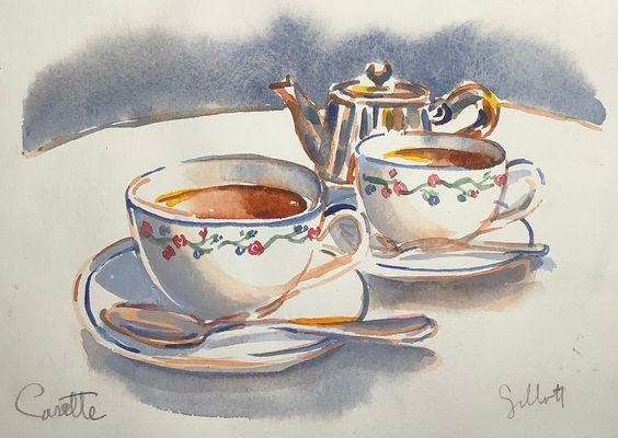 watercolor painting of 2 tea cups and a silver tea pot