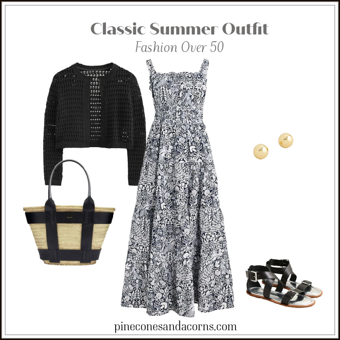 black and white dress, black sweater, straw tote and black sandals.