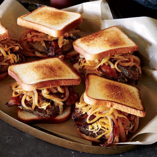Smoked Gouda and Bacon Burgers with Barbecue Sauce.