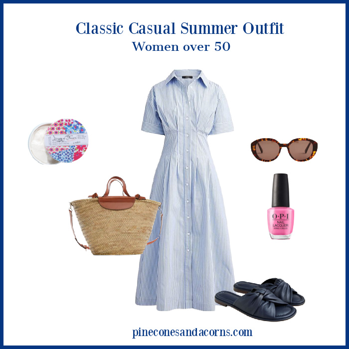 classic casual summer outfit women over 50 collage with blue dress, blue sandals, wicker bag with leather handles, brown sunglasses, pink nail polish and perfume in a flower covered tin.