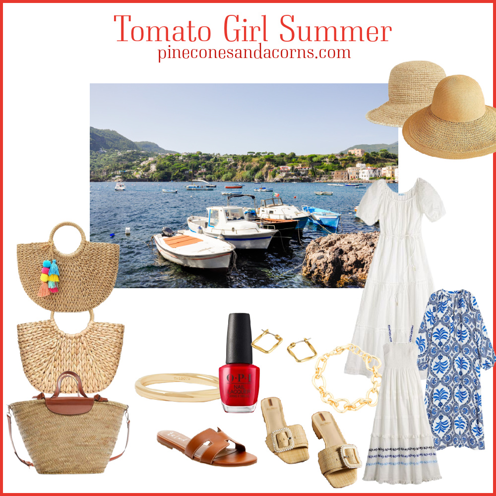 Collage of Mediterranean inspired outfits. 