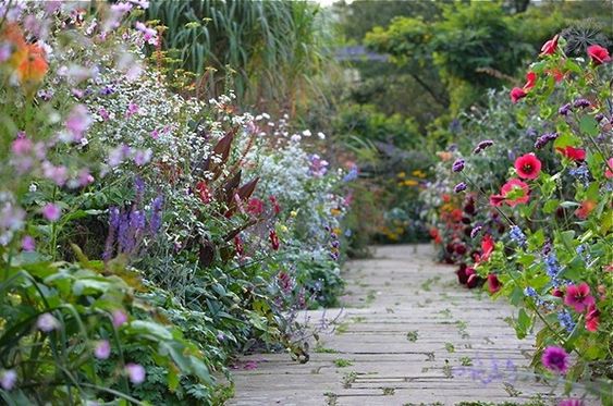 GRAVETYE MANOR herbaceous borders of colorful flowers.