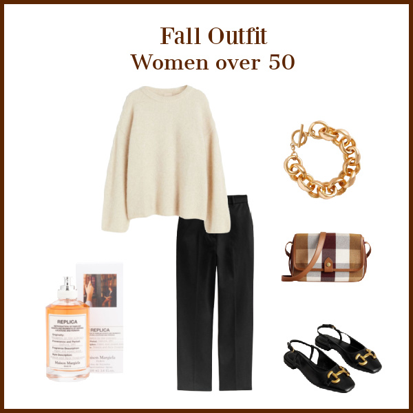 Fall outfit Women over 50 collage with black pants, white sweater, plaid bag, gold bracelet and black sling back sandals with gold hardware.