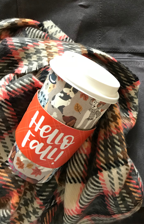 41-little-things-to-love-about-fall, Hello Fall cup with dogs on it and plaid scarf.