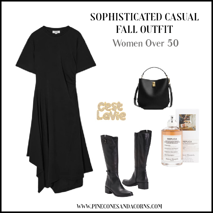 sophisticated fall outfit women over 50 with black boots, bag, and a brooch and perfume