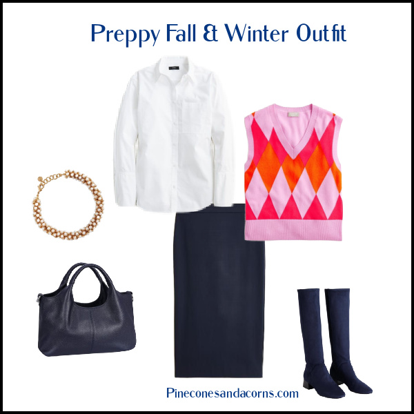 Preppy Fall and winter outfit with a blue skirt, white blouse, blue bag, blue boots, pink and red argyle vest and a white blouse and pearl bracelet. 