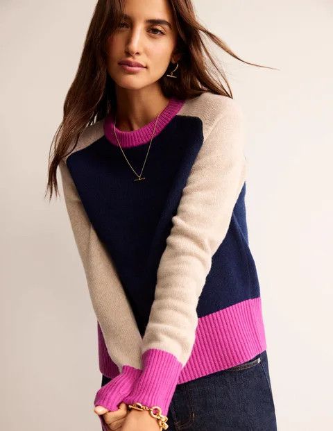 Pink, blue and white color block sweater.