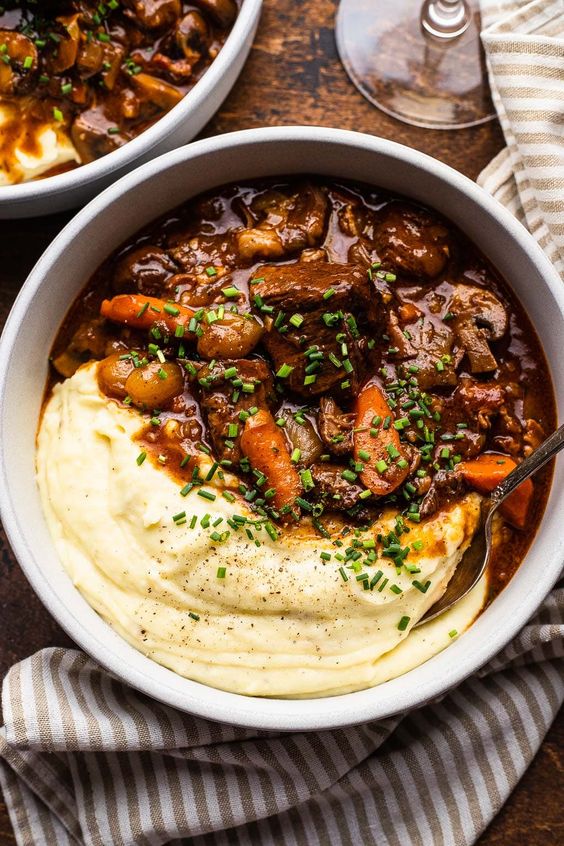 Friday Favorites Classic Beef Bourguignon with mashed potatoes.