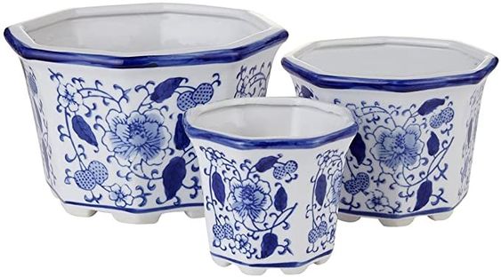 blue and white chinoiserie pots.