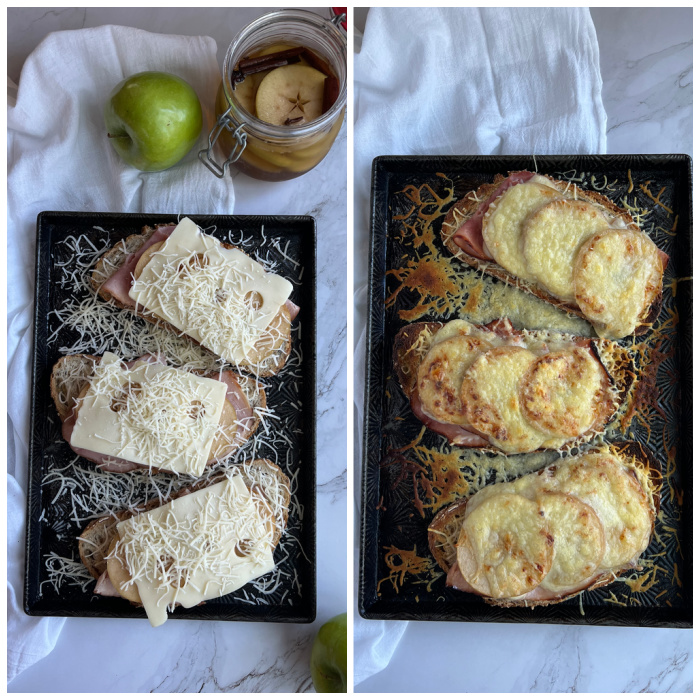 Three ham, cheese, apple toasted tartine sandwiches