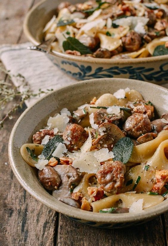 WINTER PASTA WITH MUSHROOMS, SAUSAGE MEATBALLS, WALNUTS & CRISPY SAGE