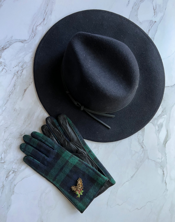 15 Ways to wear brooches. Blue wool had, tartan plaid gloved and a pinecone brooch.