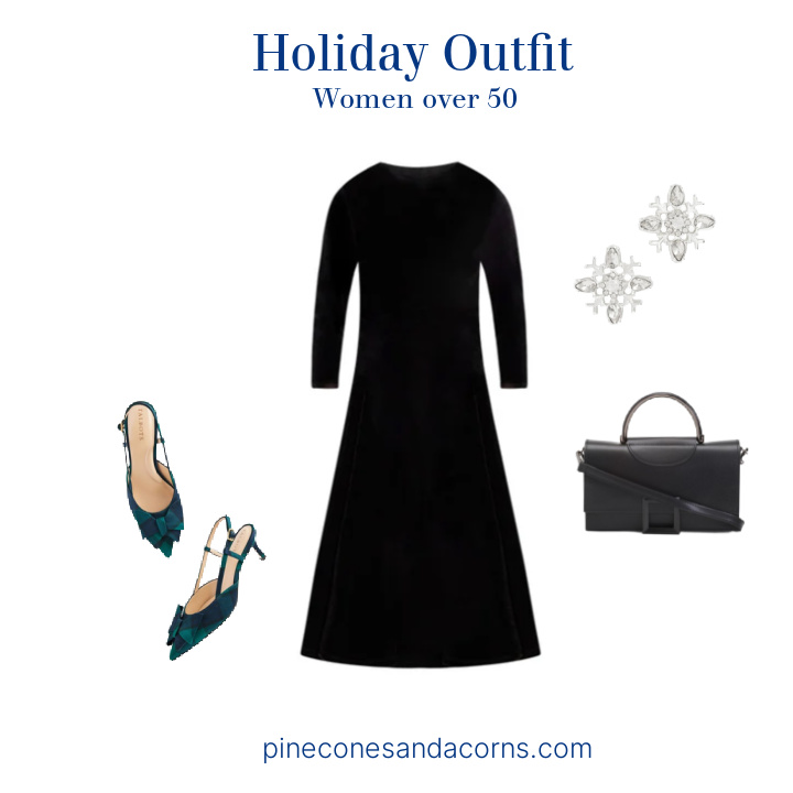 holiday outfit with black dress plaid shoes black bag and rhinestone earrings.